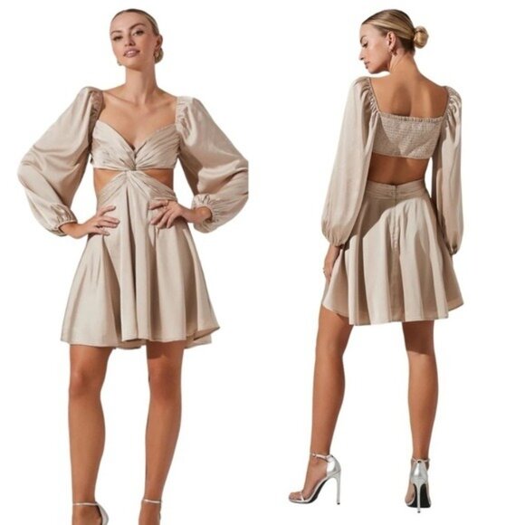Astr The Label NWT Anamarie Cutout Long Sleeve Champagne Mini Dress Size XS - Picture 9 of 13